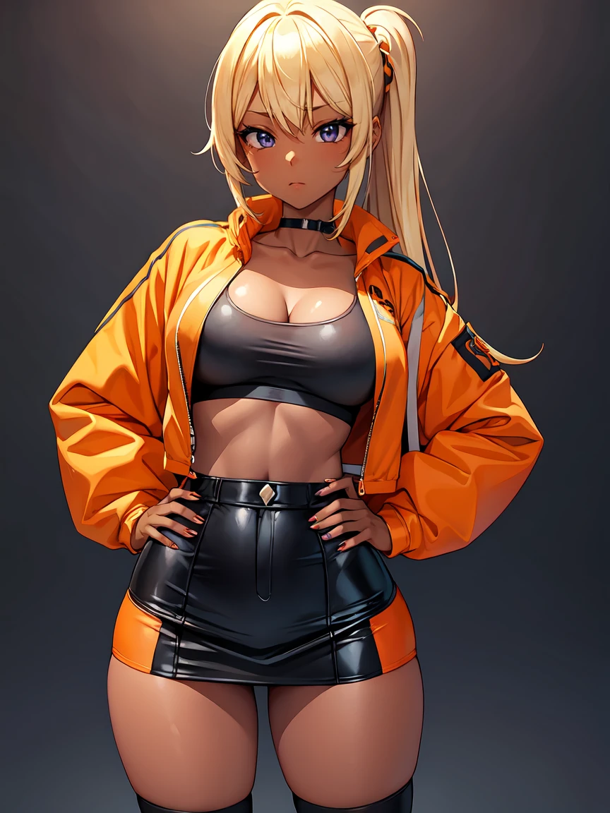 1masterpiece, high resolution 4k, high detalied, 1girl, 25 years old, fullbody, standing, legs apart, solo, (yamanba gyaru girl), [ganguro girl], shiny skin, (dark skinned female), [tanned skin], long blonde hair, hime cut, bangs, (hair up), huge breasts, big eyes, ligth blue eyes, hip bones, collarbones, orange jacket, open jacket, poet long sleeves, puffy sleves, sleeves past wrists, (sports mini bra only), (pencil mini skirt), (high waist skirt), high top sneakers, plataform sneakers, (orange thighhighs), [red thighhighs], nails, purple nail polish, white back ground, anime style, inspired by genshin impact. 