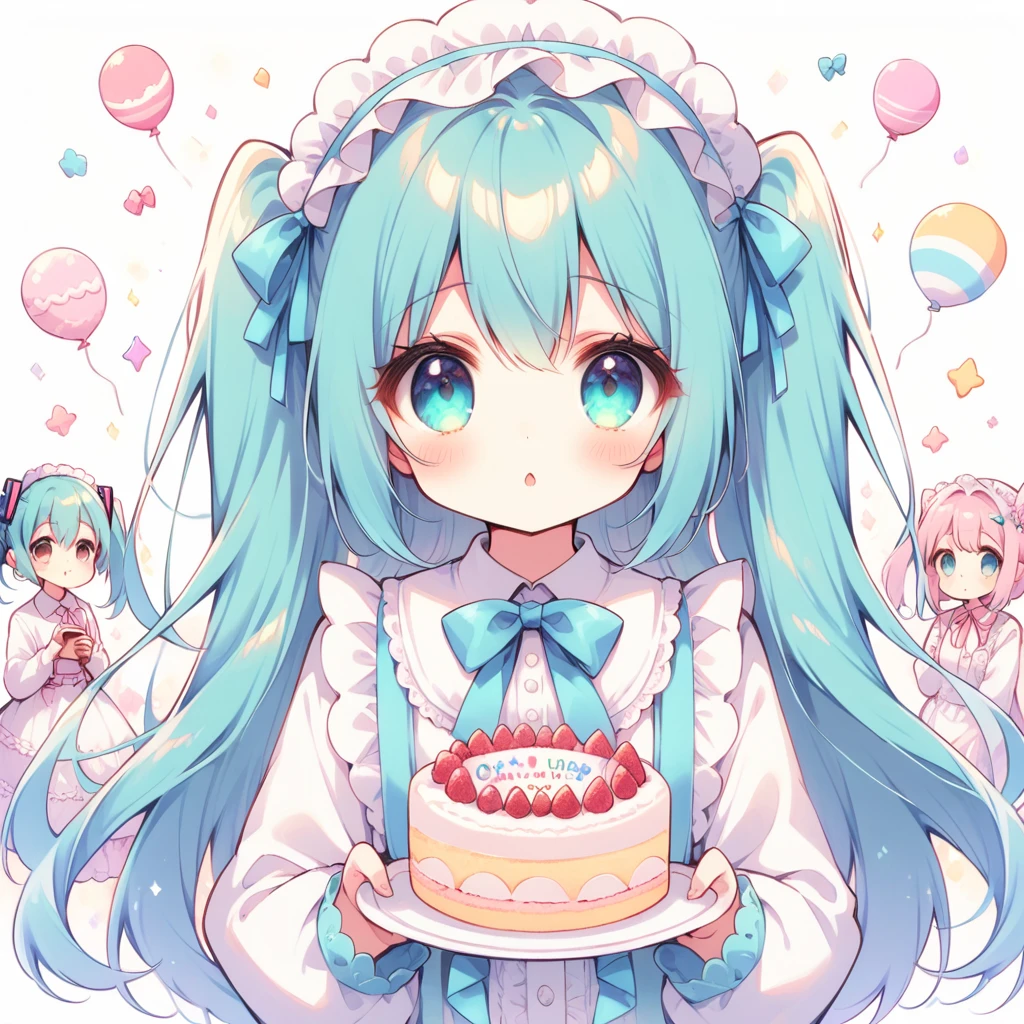 image resolution 1024px　white　light blue　Alice　parasol　ribbon, clear line, image resolution 1024px, Kawaii, cute, pretty, アニメ, cake, neon,, ****ta Face,3 year old 
girls,  hatsune miku,