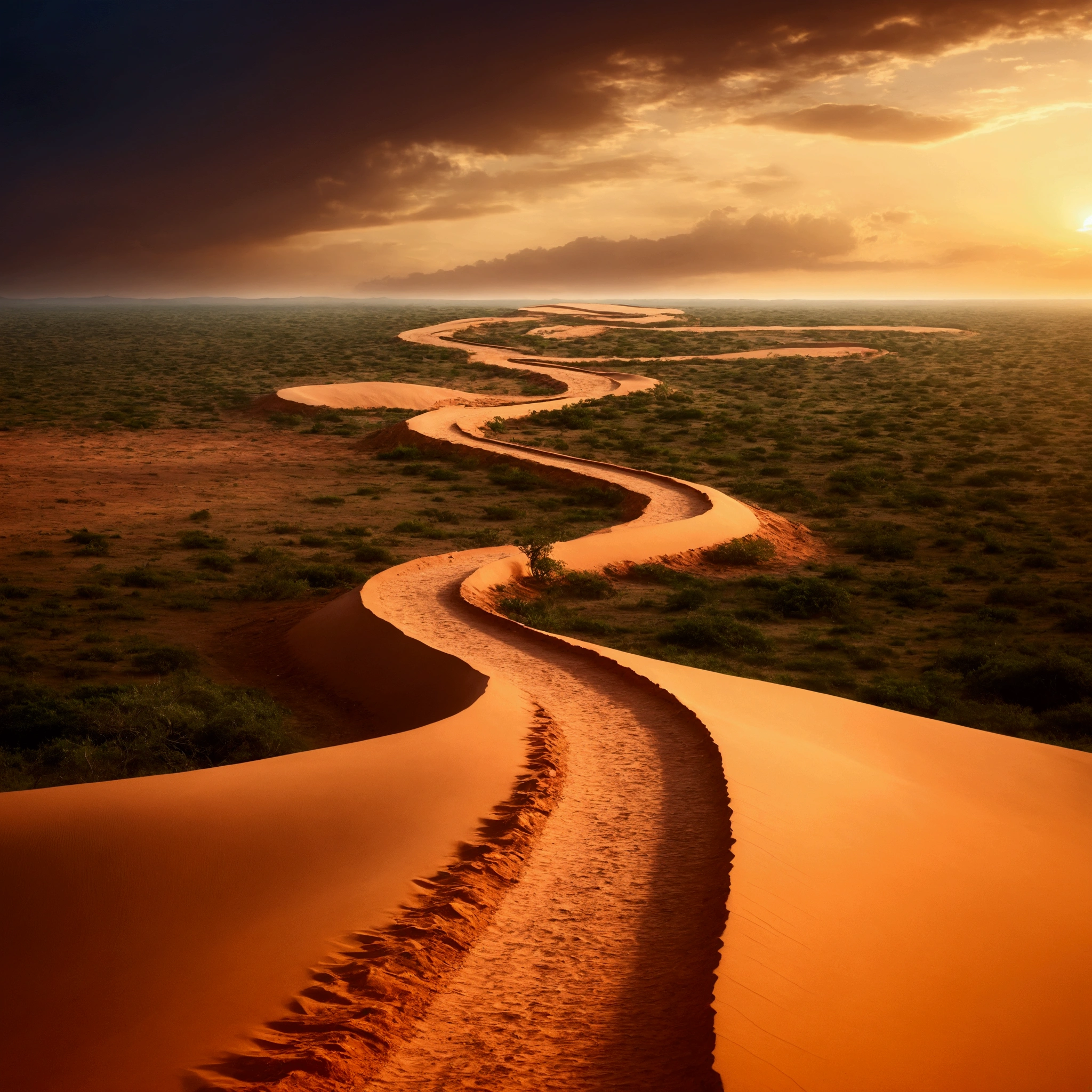 Draw a winding path that extends from the base of the image to the horizon, No final do caminho, adicione uma luz brilhante e radiante, no centro da imagem, Africa, Angola