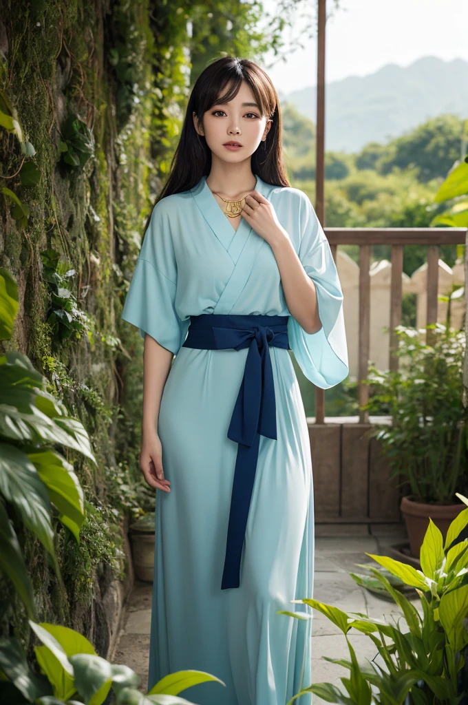 in beautiful anime style scenes、A young woman stands in a charming and dreamy environment。This lady has long golden hair,Tie an elegant big black ribbon。Her expression is gentle and confident.、Her vibrant teal and yellow kimono features a delicate leaf pattern。A wide brown belt with gold trim around the waist.、She wears a delicate necklace with blue stones。
in the background、stone building、Lush green plants、it features a waterfall,Create a magical atmosphere.。The light is soft and mysterious.、Glowing blue crystals suspended in the air add to the otherworldly atmosphere.。The whole scene is bathed in a soft pale light.、Emphasis is placed on the beauty of the woman and the details of her clothing and surroundings。