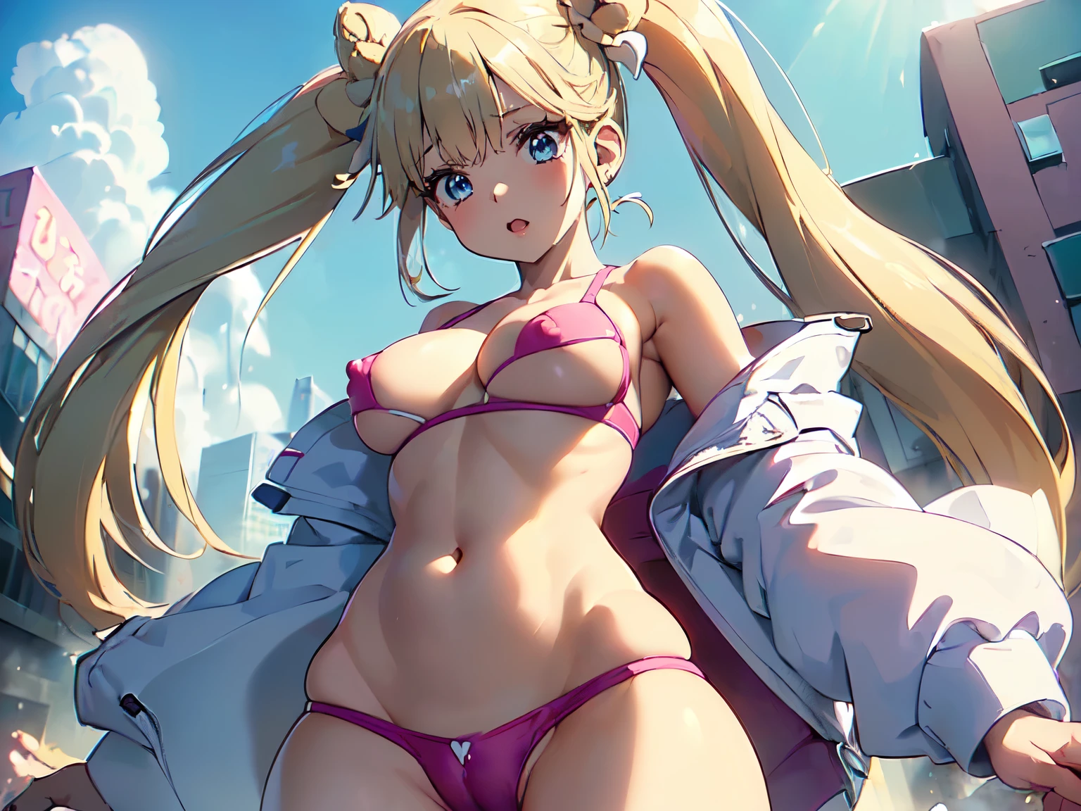 (busty girl), solo, (unexpected expression)(mouth open, (white jacket), pink(sport bra), (covered nipples), narrow constricted waist, belly button, Small hips, bare hips, (visible vulva(labia)(erect clitoris)urethra,(pussy juice)trickling, (blond hair)buns(twintails), white ribbon, large eyes, blue eyes, sunny metropolis