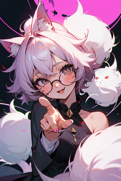 Cat disguised as a human,Animal ears,Pointed cat ears、Fluffy, Cat&#39;s Tail、Purple hoodie,Denim pants,sneakers,Round eyes,eyeliner、Cute Cat Girl、
One girl, Blushing, The fangs are sharp, Droopy eyes, Bright Eyes, Round Glasses,Short Hair