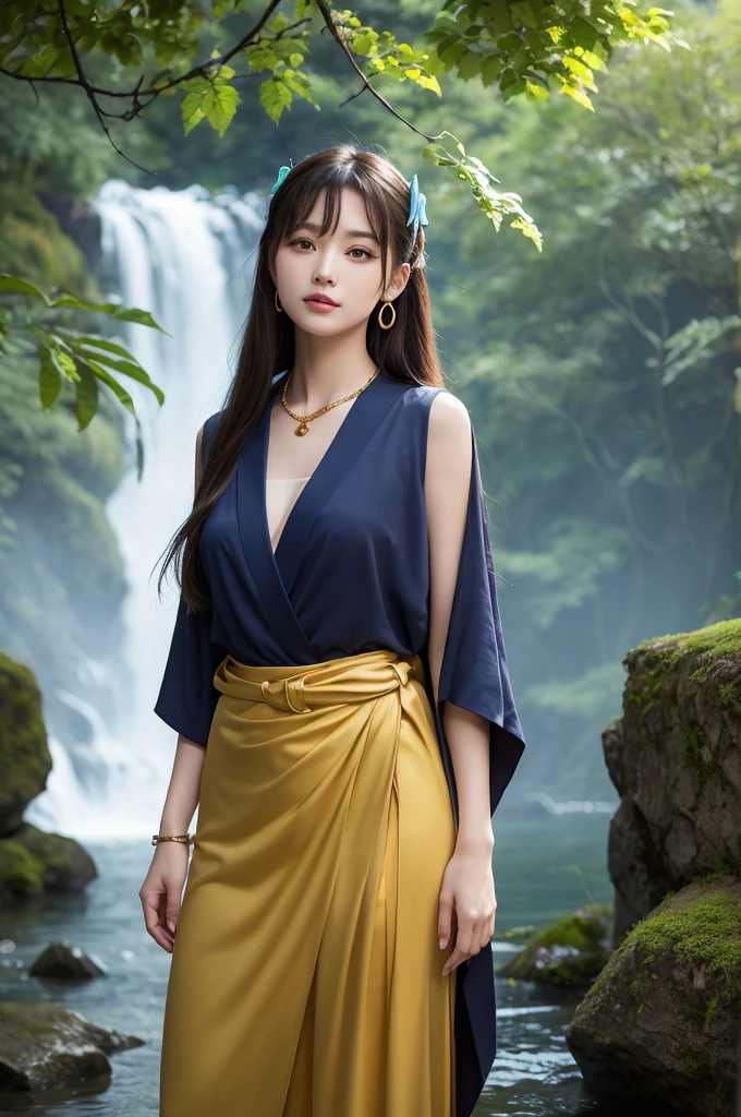 in beautiful anime style scenes、A young woman stands in a charming and dreamy environment。This lady has long golden hair，Tie an elegant big black ribbon。Her expression is gentle and confident.、Her vibrant teal and yellow kimono features a delicate leaf pattern。A wide brown belt with gold trim around the waist.、She wears a delicate necklace with blue stones。

in the background、stone building、Lush green plants、it features a waterfall，Create a magical atmosphere.。The light is soft and mysterious.、Glowing blue crystals suspended in the air add to the otherworldly atmosphere.。The whole scene is bathed in a soft pale light.、Emphasis is placed on the beauty of the woman and the details of her clothing and surroundings。
