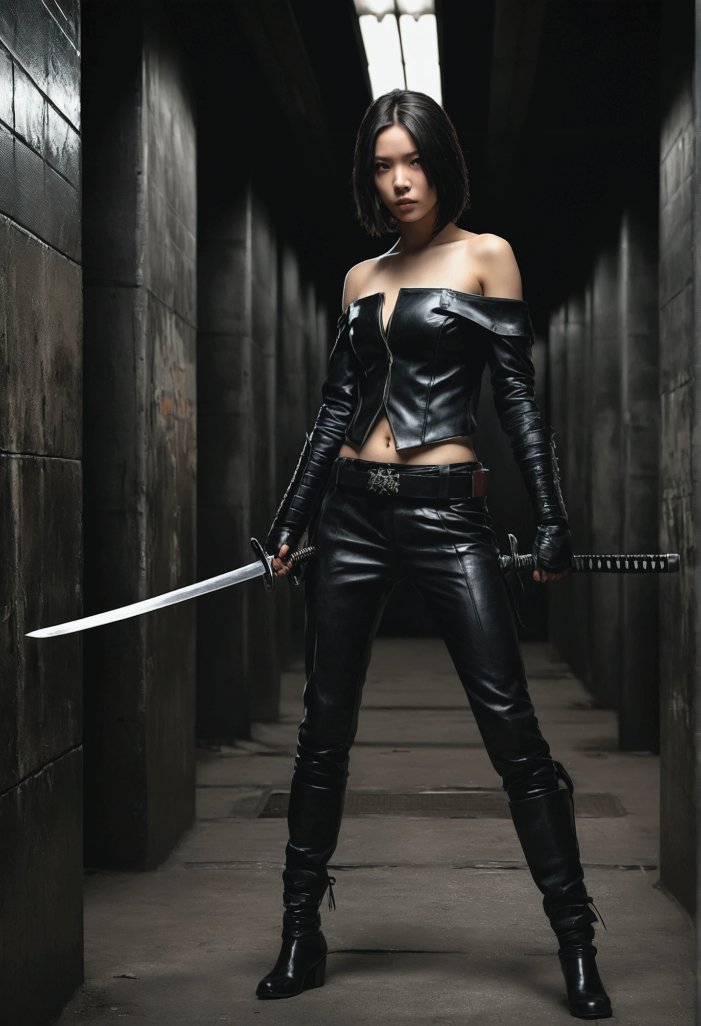 masterpiece, ultra high res, photorealistic, a assassin Girl, wear off shoulder black leather suit, holding a samurai sword, standing in the shadow of a concrete pole in dark subway train station, dynamic pose, low light, shadow effect, photorealism
