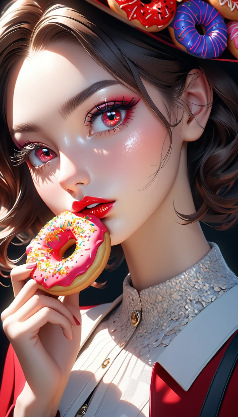 a stylish girl eating a donut, beautiful detailed eyes, beautiful detailed lips, extreme detailed face, long eyelashes, Intricate donut texture, shiny donut surface, vibrant colors of red fruits, natural lighting, photorealisitic, 8k, (best qualityer:1.2), hyper detailled, (realisitic:1.37), chic, posh, moderno, bag fly, studio lighting, cinematic
