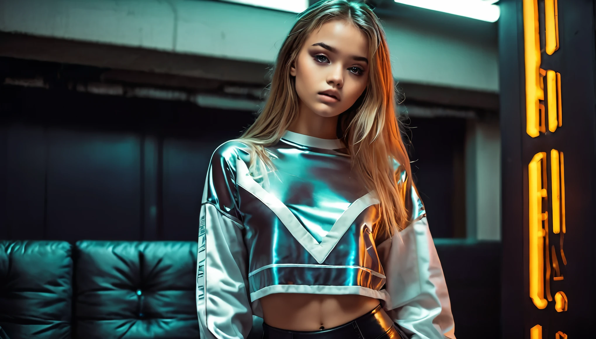 Top Quality, Masterpiece, High Resolution, 8k, (cute skinny barely legal girl ((((in oversized loose shiny puffer crop shirt with deep cleavage, deep neckline)))) and wetlook leggings, ((small perky breasts)), beautiful detailed eyes, beautiful detailed lips, small closed mouth, extremely detailed face, tanned skin, long slick ponytail hair, small hips, some tattoos, very young girl, age girl), (((in cyberpunk apartment))), random neon colors, futuristic setting, intricate details, at night, backlit, full body shot