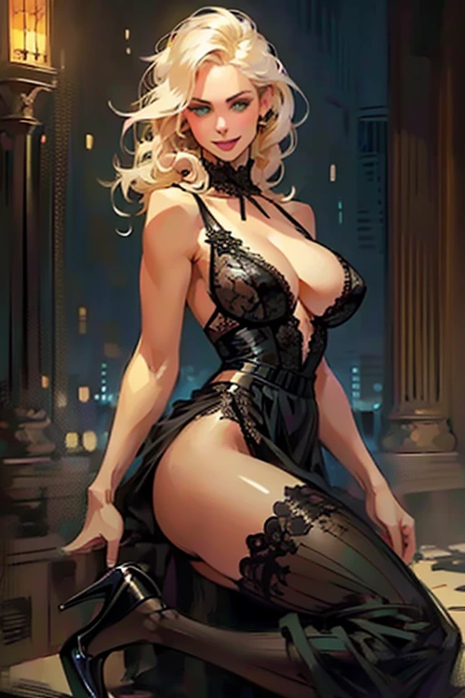 (realistic illustration). cute 27 yo blonde Caucasian woman with green eyes. Sexy (chubby:0.7) figure, natural breasts, beautiful ass. ((naughty smile)),(Aroused:1.2). Smoky eye, mascara, sheer black lace dress, high heels, Masterpiece, (highly detailed:1.2),(detailed face and eyes:1.2), 8k wallpaper, Moody lighting. core shadows, high contrast, bokeh.