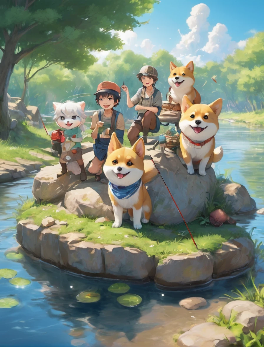Under a clear blue sky, a group of meme token mascots gather by the river for a fishing trip, depicted in a bright and cheerful anime style.
At the center is the main character, a friendly potato. Wearing a tiny fishing shirt and hat, the potato holds his fishing rod firmly. Sunlight filters through the trees, casting a warm glow on him, enhancing his cute and lively appearance.
**Pepe** sits comfortably on a large rock, his big, curious eyes gleaming. **Shiba Inu**, the sleek dog, quietly watches the water with alert ears, and **Loki**, with his mischievous look and signature horns, lounges lazily but with sharp, intelligent eyes.
The mascots chat and laugh together, creating a joyful and united atmosphere. Each character is vividly expressive, from curiosity and mischief to relaxation and satisfaction. The water reflects the blue sky and drifting clouds, adding to the serene and beautiful scene.
Laughter erupts as a big fish bites, and they all work together to reel it in. This happy moment is highlighted with bright lights and dynamic motion effects, adding a lively and emotional touch to the scene.