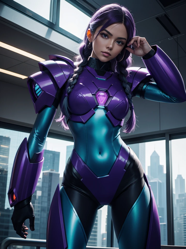 Beautiful Caucasian woman. Slim body. Just one woman. Alone. Only one person in the picture. Western woman. Long hair with 1 braid. Purple hair. Bright purple eyes. Woman doing a sexy Mega Man X cosplay. Her outfit is blue and is a sensual version of the Mega Man X outfit. The woman is in a futuristic city during the day. The place is full of plants and holographic monitors in the windows of the buildings. Dynamic light. Dynamic shadows. High resolution. Detailed.