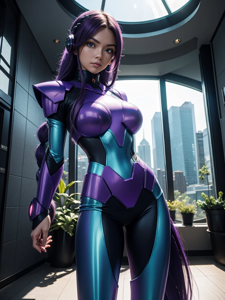 Beautiful Caucasian woman. Slim body. Just one woman. Alone. Only one person in the picture. Western woman. Long hair with 1 braid. Purple hair. Bright purple eyes. Woman doing a sexy Mega Man X cosplay. Her outfit is blue and is a sensual version of the Mega Man X outfit. The woman is in a futuristic city during the day. The place is full of plants and holographic monitors in the windows of the buildings. Dynamic light. Dynamic shadows. High resolution. Detailed.