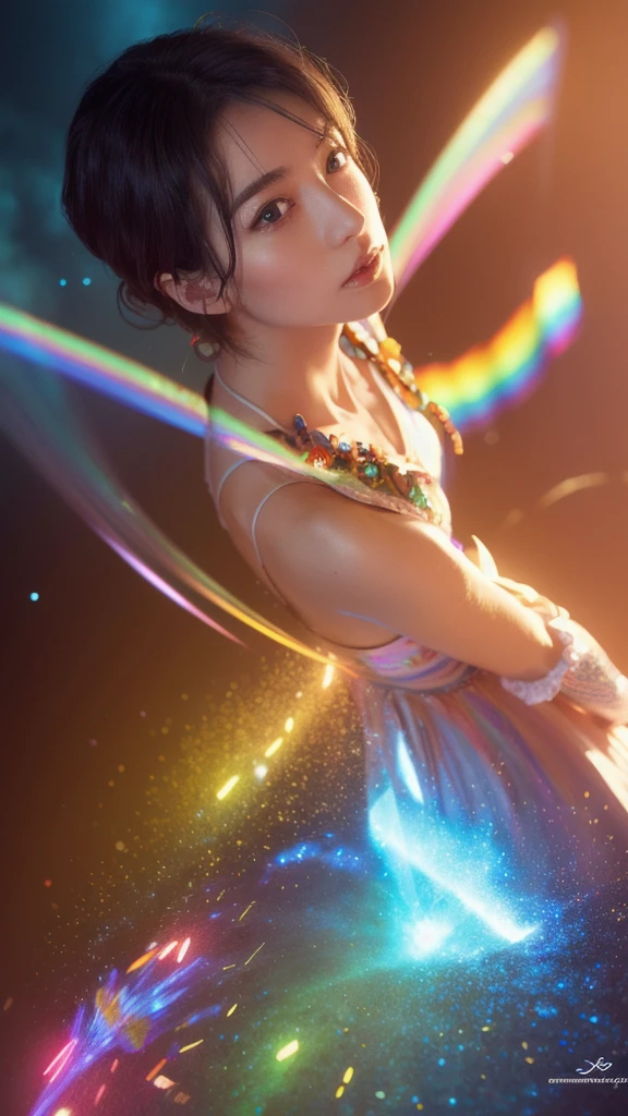 Beautiful Japanese Woman, (masterpiece: 1.2), (Highest quality), 4K, Very detailed, (moving composition: 1.4), Very detailed, Colorful details, (Rainbow colors: 1.2), (Bright lighting, Atmospheric lighting), dream-like, magic, (alone: 1.2) ,