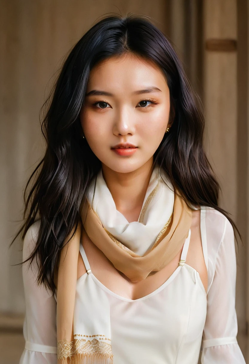 crafted woman wearing a white dress and a tan scarf, Korean women's fashion model, gorgeous young Korean woman, scarf, beautiful young Korean woman, Korean woman, beautiful south Korean woman, flowing golden scarf, heonhwa choe, wearing a scarf, Xiong Chen, shin min jeong, inspired by Zhang Yan, lulu Chen, kwak ji young