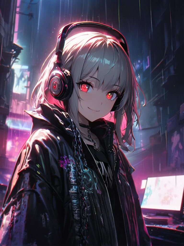 1 girl, chromatic aberration, Written boundary depth, Soft Light, masterpiece, Highest quality, complicated, Tone Mapping, Very detailed, Art Station, Concept Art, Smooth, Clear focus, Dramatic lighting, Very detailed artwork, movie, super practical painting, Art Station's trending, 8k, Incredible Shadows, practical, (Very detailed background:1.0), whole body, View, Viewers, Very detailed portrait of one girl 1, standing on street corner, Heavy rain and lightning、Dark Sky, neon and cyber punk background, she is dressed in punk clothing with silver chains and silver spikes, Her hair was dyed light brown.........,The middle part is black, She is wearing headphones, Detailed red eyes with clear pupils, Ominous aura of light, smile, punk, Cyber Rock, Backlight.Fashionable clothes、No knowledge of horses'tail、Dress code: Denim Outfit,Her hair is tied up cutely.