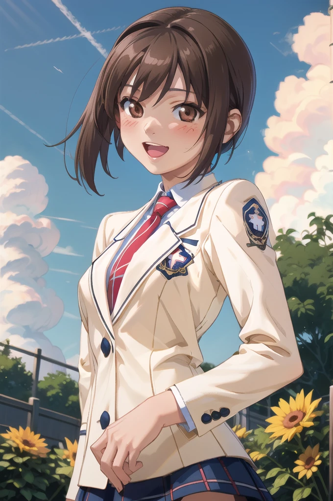 Makaijisuku 2, 1 girl, alone, Brown Hair, Brown eyes, , blazer, tie, Checked skirt, blush, Open your mouth, smile, garden, blue sky, cloud, Upper Body, Are standing, Dutch Angle 