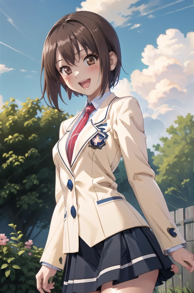 Makaijisuku 2, 1 girl, alone, Brown Hair, Brown eyes, , blazer, tie, Checked skirt, blush, Open your mouth, smile, garden, blue sky, cloud, Upper Body, Are standing, Dutch Angle 