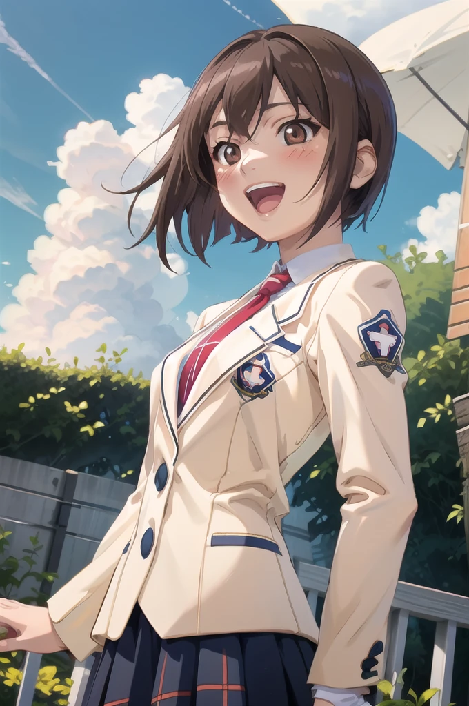 Makaijisuku 2, 1 girl, alone, Brown Hair, Brown eyes, , blazer, tie, Checked skirt, blush, Open your mouth, smile, garden, blue sky, cloud, Upper Body, Are standing, Dutch Angle 