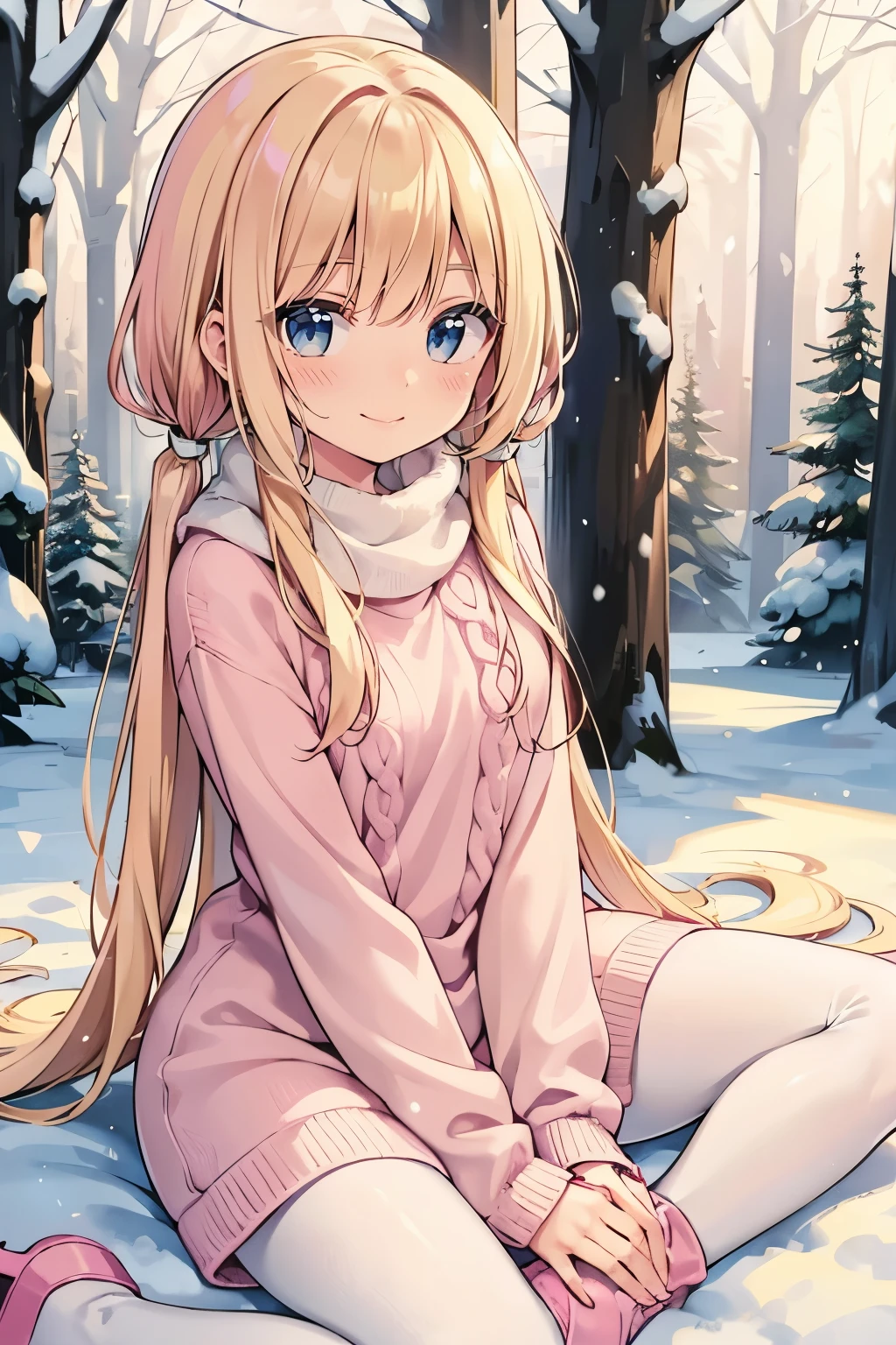 Safe for work, masterpiece, best quality, solo, 1 girl,  cute girl, wholesome girl, (young female body:1.4), ( medium small breasts), cowboy shot, shy smile, flustered, yellow hair, voluminous wavy hair, extra long hair, hime cut, very blunt bangs, light blue eyes, detailed eyes, snowy forest trees, snow, knit sweater dress, light pink sweater dress, scarf, white pantyhose, pink sweater dress, pink knit dress, extra long pigtails, sitting in snow, butterfly sitting, sitting with crossed legs, hands in lap, sitting butterfly position, pink boots, Pink and whitefur boots, pink boots, hiro mashimav1