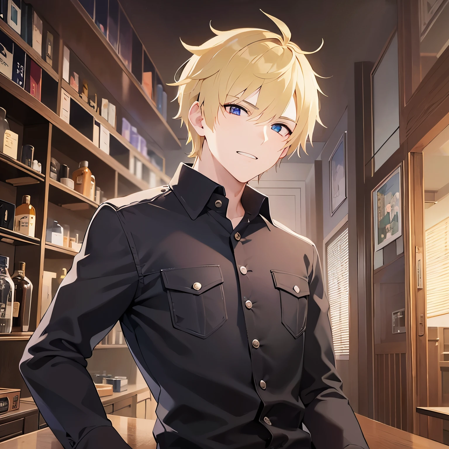 upper body、
shiny skin、masterpiece、Highest quality、
BREAK (25-year-old male:1.5) and (Blonde short hair) and (Brown eyes)BREAK、Black long sleeve shirt、
(evil grin:1.5)、Are standing、The background is the interior of a restaurant at night.、(alone:1.5)