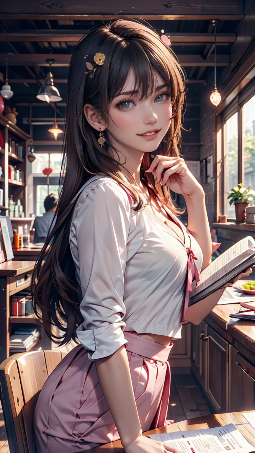 masterpiece, One girl, Medium chest, alone, araragi karen, hair ornaments, egg hair ornaments, Side Ponytail, Black Hair, food-themed hair ornaments, fried egg, View your viewers, egg (food), Long Hair, (Iris:1.1), Purple Skirt, No sleeve, Pink Shirt, homework, Book, Holding a pencil, Grin