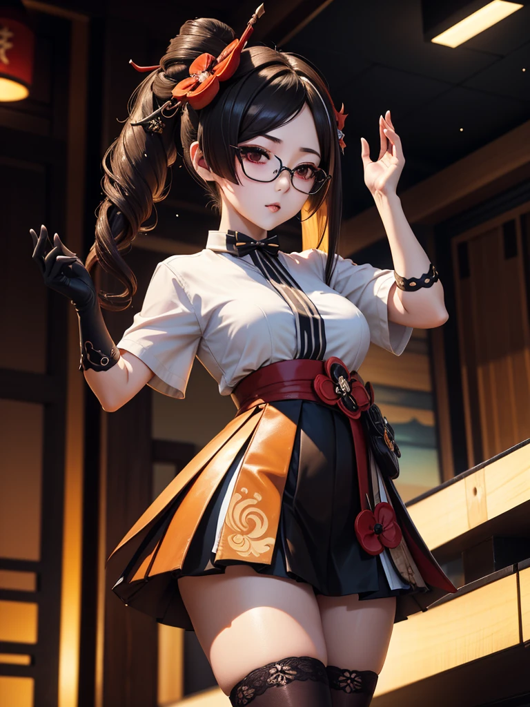 Chiori, (genshin impact), Sexy aesthetic wet short skirt white shirt short black skirt black stockings long hair glasses hands raised RGB. 32kK UHD.