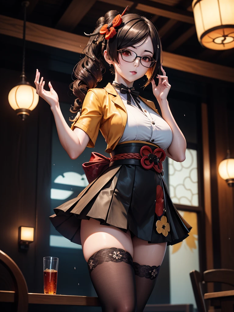 Chiori, (genshin impact), Sexy aesthetic wet short skirt white shirt short black skirt black stockings long hair glasses hands raised RGB. 32kK UHD.