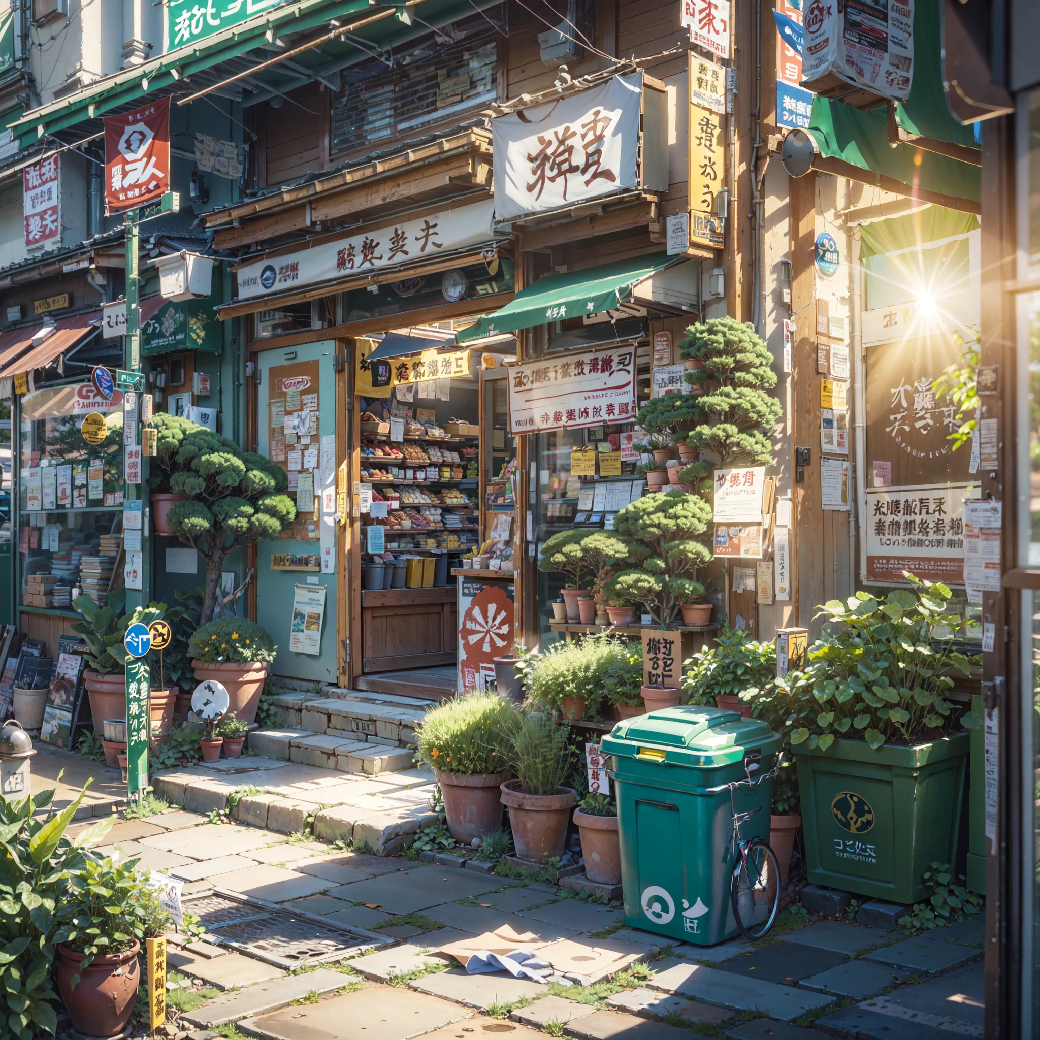 high detail, anime, anime style, sparkle, cinematic lighting, god rays, glowing light, reflection light, close-up, lens flare, masterpiece, high details, best quality, super detail, high quality, anime background, anime wallpaper, sunny weather, bright blue sky, dramatic lighting, compact japanese urban alleyway, japanese shop signs, japanese signs, japanese banners, banners, plant pots, plants, trees, grass, cobble path, trash cans
