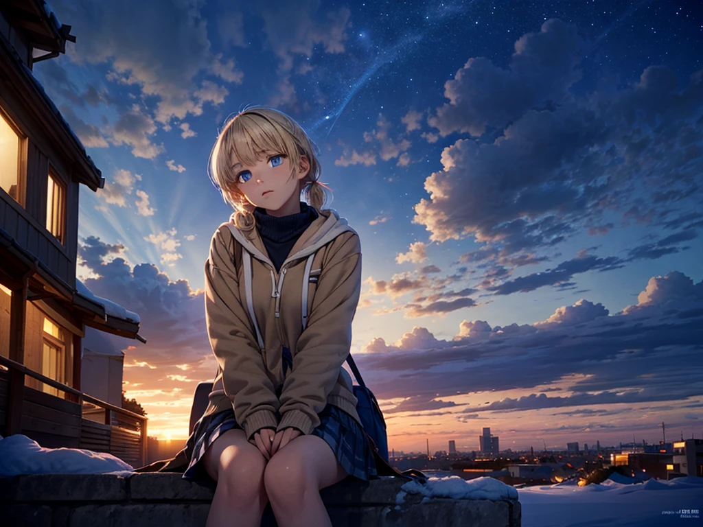 masutepiece,8k,octans, Skysky, stars(Skysky), landscapes, starrysky, natta, 1girl in, nigh sky, report, Plein Air, built, ​​clouds, milkyway, sitting on, City, silhuette, Cityscape,(Short, Low twin-tailed blonde hair:1.2),(Deep Blue Eyes:1.3),(winter school uniform:1.1)