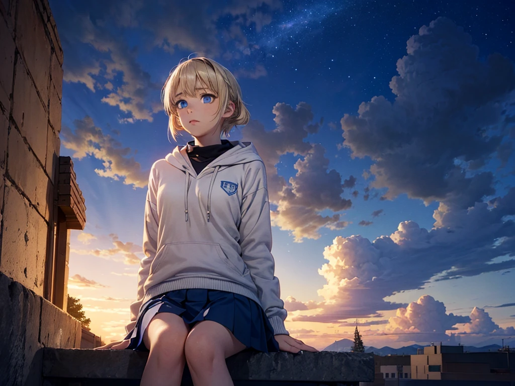 masutepiece,8k,octans, Skysky, stars(Skysky), landscapes, starrysky, natta, 1girl in, nigh sky, report, Plein Air, built, clouds, milkyway, sitting on, City, silhuette, Cityscape,(Short, Low twin-tailed blonde hair:1.2),(Deep Blue Eyes:1.3),(winter school uniform:1.1)