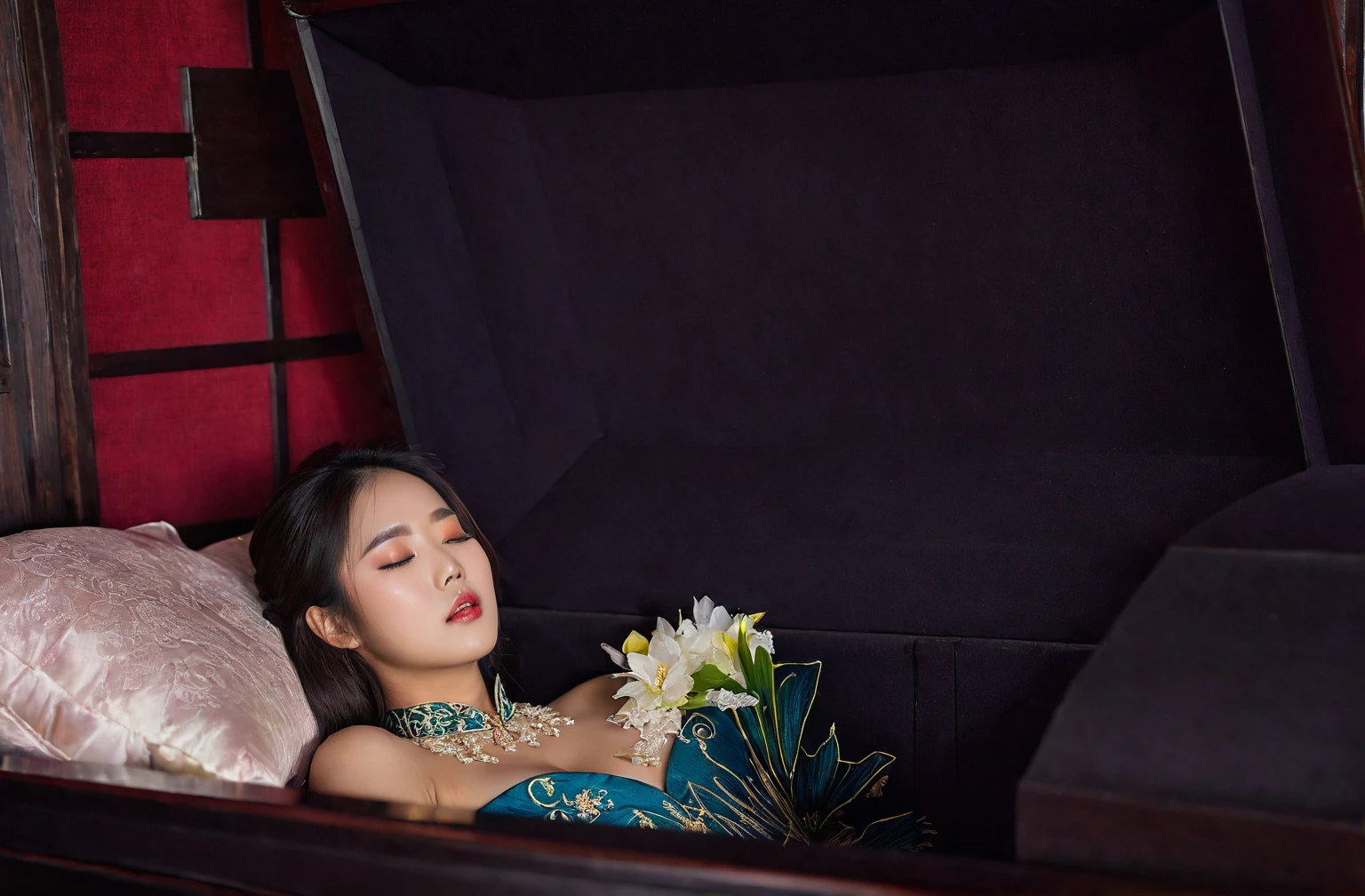 In a striking 8K HDR scene, a stunning Korean woman, 22 years old, lies peacefully in a black coffin surrounded by plush pillows. The deep box is set against a rich black background, accentuating the beauty of the subject. Her exquisite deep-V neckline kebaya attire is embroidered with superb detail, showcasing her round and firm breasts, perfect cleavage, and beautiful eyebrows. Her closed eyes and mouth give an air of serenity, while her visible and absolute cleavage leave nothing to imagination. The scene is bathed in saturated colors, highlighting every intricate aspect from the ball skirt to her clean face, straight body, detailed hand perfect hands, straight body, own hands together, own hand on stomach, detailed hands, perfect hands.