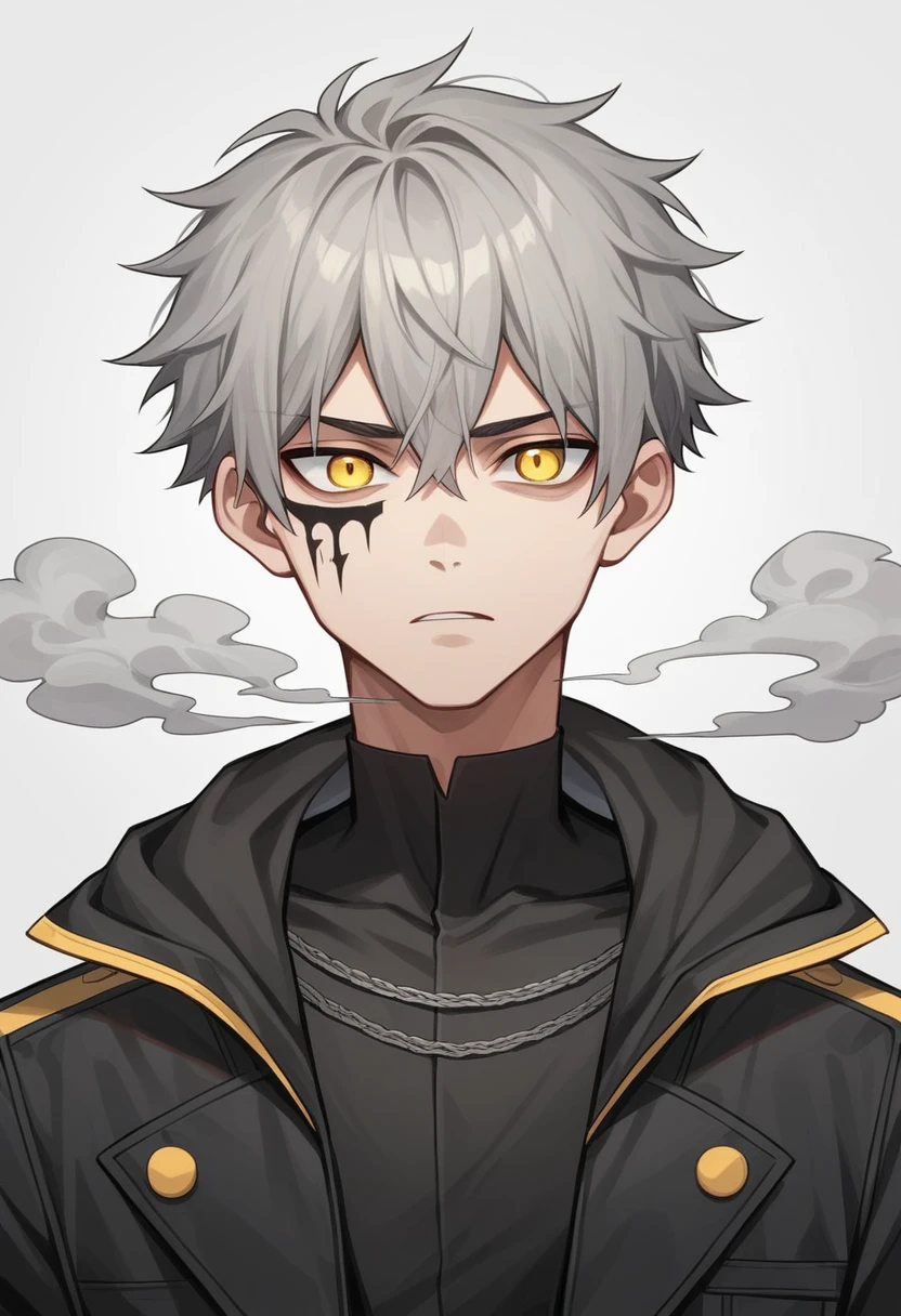 best quality, intricate details, 1 man, Gray-haired, short hair, drooping head, yellow eyes, Face tattoo, scorched clothes, black pants, Black Mask, accused face, dark circles, hooded jacket, youth, Smoke coming out of my head, animation style, cartoon 