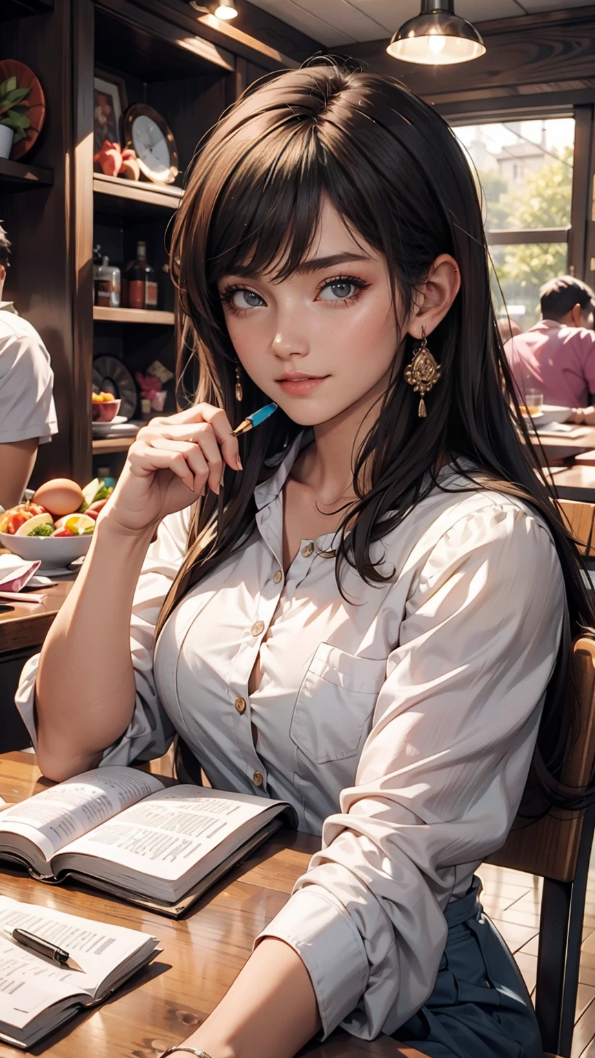 masterpiece, One girl, Medium chest, alone, araragi karen, hair ornaments, egg hair ornaments, Side Ponytail, Black Hair, food-themed hair ornaments, fried egg, View your viewers, egg (food), Long Hair, (Iris:1.1), Purple Skirt, No sleeve, Pink Shirt, homework, Book, Holding a pencil, Grin