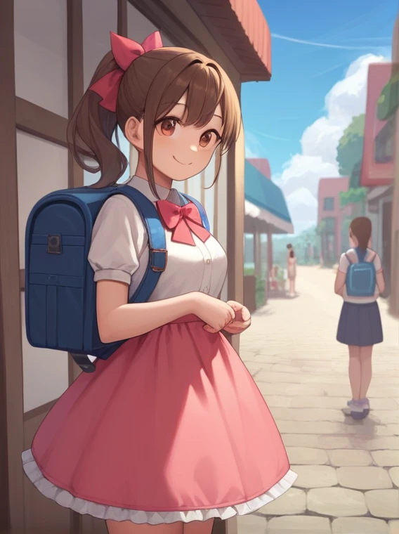 Masterpiece, hd, 1girl, brown hair, ponytail, hair ribbon, wearing cute dress, frilled dress, party dress, bowtie, standing, outdoor, smile, wearing randoseru backpack,(backpack:1.2)