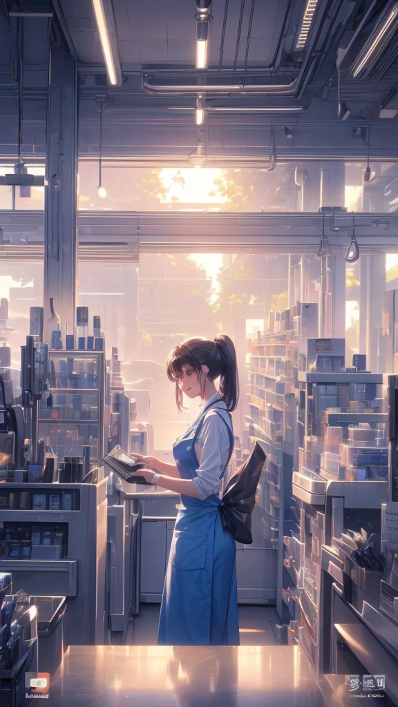 young woman,smile,Cashier,((Scanning product barcodes at the cash register)),Supermarket clerk,Wearing an apron,((Working as a cashier)),((Cashier)),((cashier,register,)),((Receive money from customers)),There are products on the shelves,In the supermarket