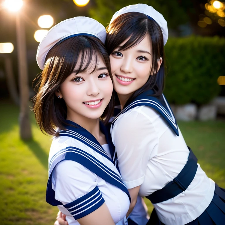 (2girls, youthful & beautiful women, age 20s, wearing the iconic japanese highschool uniform,  white shirt with buttons, pleated mini-skirt, red neck collar ribbon, serafuku, ponytail hair, short hair, bob hair with side bangs, sailor hat, sailor uniform,
BREAK
 Friendly Kind smile, cute expressions, beautiful detailed eyes, very detailed eyes & facial features, long eyelashes, beautiful detailed lips, natural color lips, dimpled cheeks, snaggle-tooth, ample bosom, medium breasts, perfect body anatomy, natural poses, warm hugs, the cowboy shot, high angle camera shot, sitting outdoors night sky,
BREAK 
 Photorealism, Ultra-realistic, portrait, vivid colours, photo-realistic, UHD, 4k, 8k, ultra-detailed, finely detailed, high resolution, masterpiece, best quality, illustration, perfect dynamic composition, night bokeh background, safe for work, SFW)