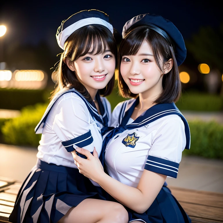 (2girls, youthful & beautiful women, age 20s, wearing the iconic japanese highschool uniform, white shirt with buttons, pleated mini-skirt, red neck collar ribbon, serafuku, ponytail hair, short hair, bob hair with side bangs, sailor hat, sailor uniform,
BREAK
Friendly Kind smile, cute expressions, beautiful detailed eyes, very detailed eyes & facial features, long eyelashes, beautiful detailed lips, natural color lips, dimpled cheeks, snaggle-tooth, ample bosom, medium breasts, perfect body anatomy, natural poses, warm hugs, the cowboy shot, high angle camera shot, sitting outdoors night sky,
BREAK
Photorealism, Ultra-realistic, portrait, vivid colours, photo-realistic, UHD, 4k, 8k, ultra-detailed, finely detailed, high resolution, masterpiece, best quality, illustration, perfect dynamic composition, night bokeh background, safe for work, SFW)