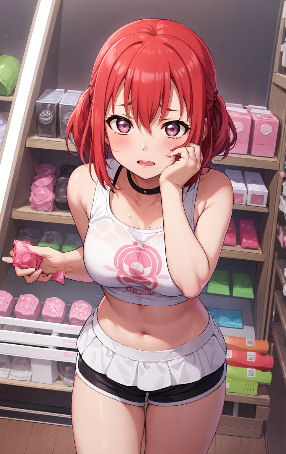 Kurosawa ruby,pink Crop top, white tight shorts,soaked in sweat,sweaty,  heavy breathing,red face,blunt hair,curvy body, standing in erotic store , sexsjop, from behind, leaning forward, hands on knees, condoms on shelf, trying to buy condoms, dildos on shelf, condoms on shelf, lube on shelf,