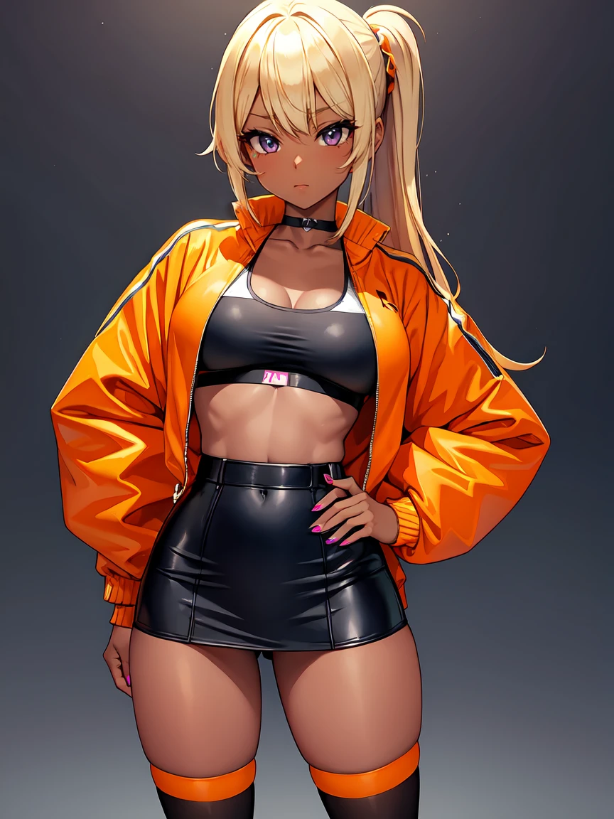 1masterpiece, high resolution 4k, high detalied, 1girl, 25 years old, (full body), standing, legs apart, solo, (yamanba gyaru girl), [ganguro girl], shiny skin, (dark skinned female), [tanned skin], long blonde hair, hime cut, bangs, (hair up), huge breasts, big eyes, ligth blue eyes, hip bones, collarbones, orange jacket, open jacket, poet long sleeves, puffy sleves, sleeves past wrists, (sports mini bra only), (pencil mini skirt), (high waist skirt), high top sneakers, plataform sneakers, (orange thighhighs), [red thighhighs], nails, purple nail polish, white back ground, anime style, inspired by genshin impact. 