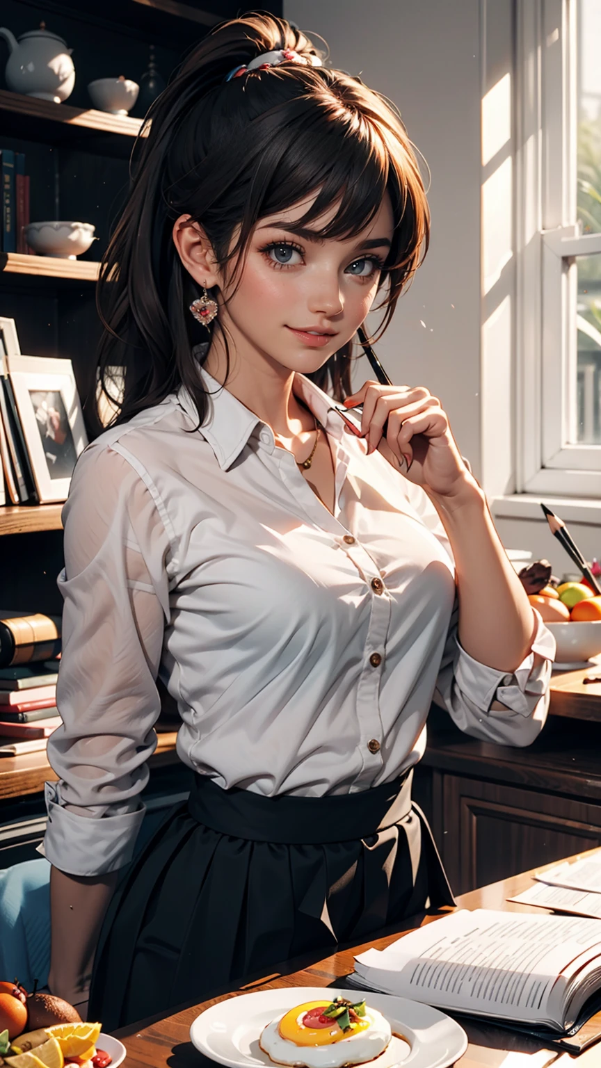 One girl,He didn't,Large Breasts,Red lips,smile,ponytail,Realistic