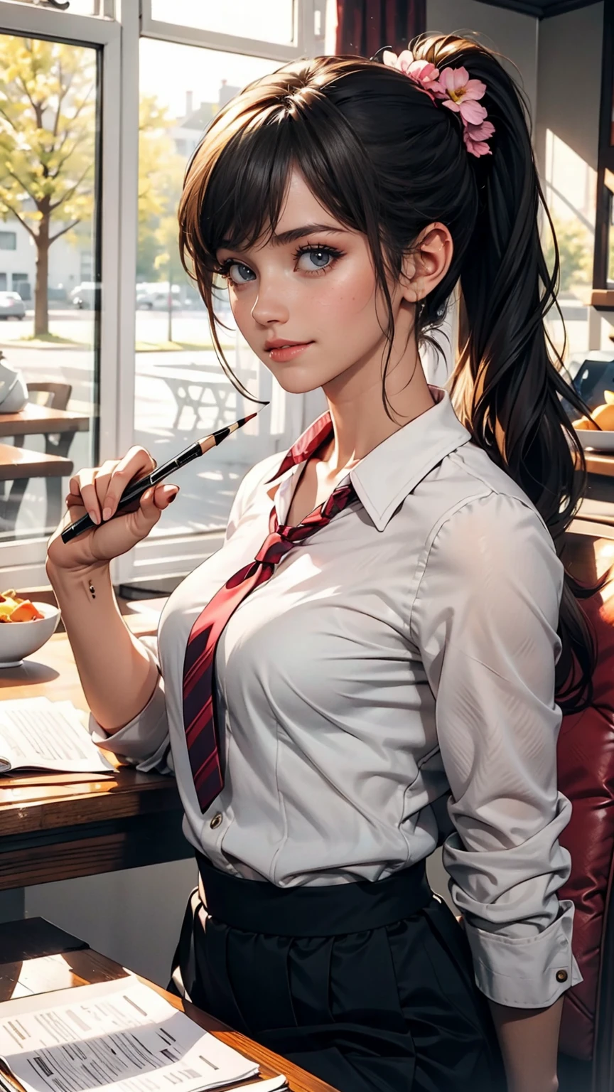 masterpiece, One girl, Medium chest, alone, araragi karen, hair ornaments, egg hair ornaments, Side Ponytail, Black Hair, food-themed hair ornaments, fried egg, View your viewers, egg (food), Long Hair, (Iris:1.1), Purple Skirt, No sleeve, Pink Shirt, homework, Book, Holding a pencil, Grin