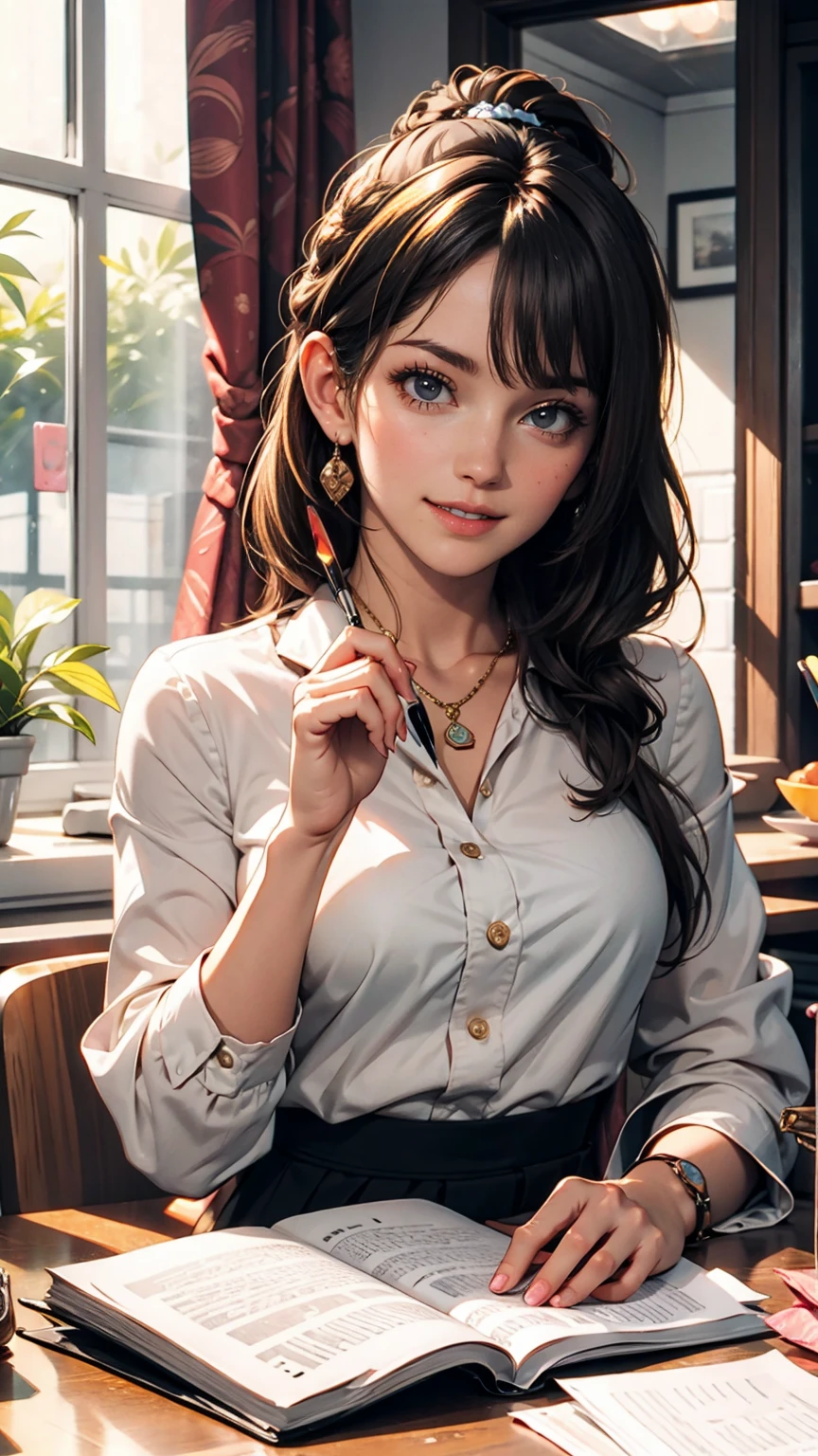 masterpiece, One girl, Medium chest, alone, araragi karen, hair ornaments, egg hair ornaments, Side Ponytail, Black Hair, food-themed hair ornaments, fried egg, View your viewers, egg (food), Long Hair, (Iris:1.1), Purple Skirt, No sleeve, Pink Shirt, homework, Book, Holding a pencil, Grin