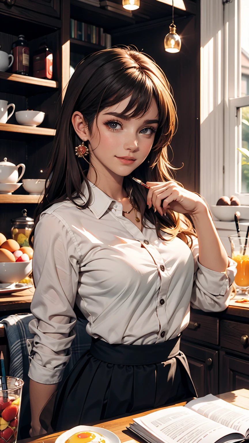 masterpiece, One girl, Medium chest, alone, araragi karen, hair ornaments, egg hair ornaments, Side Ponytail, Black Hair, food-themed hair ornaments, fried egg, View your viewers, egg (food), Long Hair, (Iris:1.1), Purple Skirt, No sleeve, Pink Shirt, homework, Book, Holding a pencil, Grin