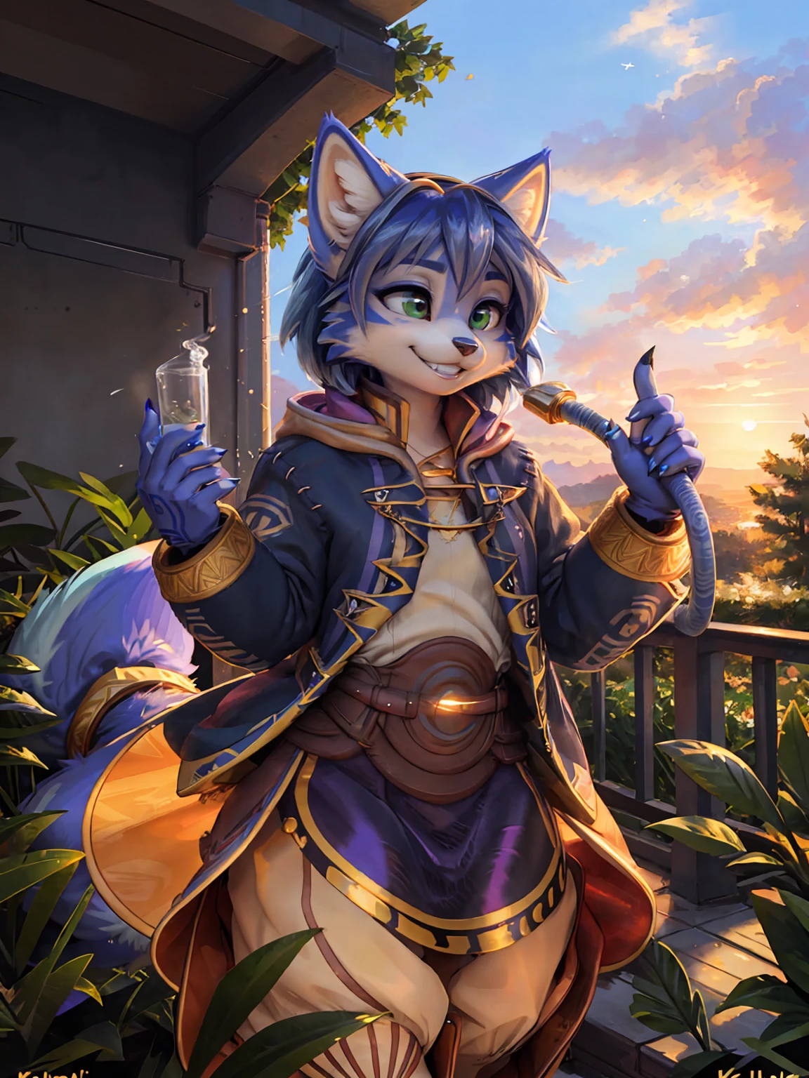 A beautiful and detailed (sweet picture) wa ((krystal)), Star Fox Krystal, sslim, lovable, green eyes, medium breasts, (((Long blue hair 1.3))),  ((black hair tips)), Decollete, grin, look up,, anthro, furry, Uploaded E621, detailed fluffy fur, (wa Fluff-Kevlar, Bayard Wu, personalize me, Pino Daeni), detailed face, (fluffy), 1 girl, alone, sweet girl, alone, mage, gown, Hose, gloves, 