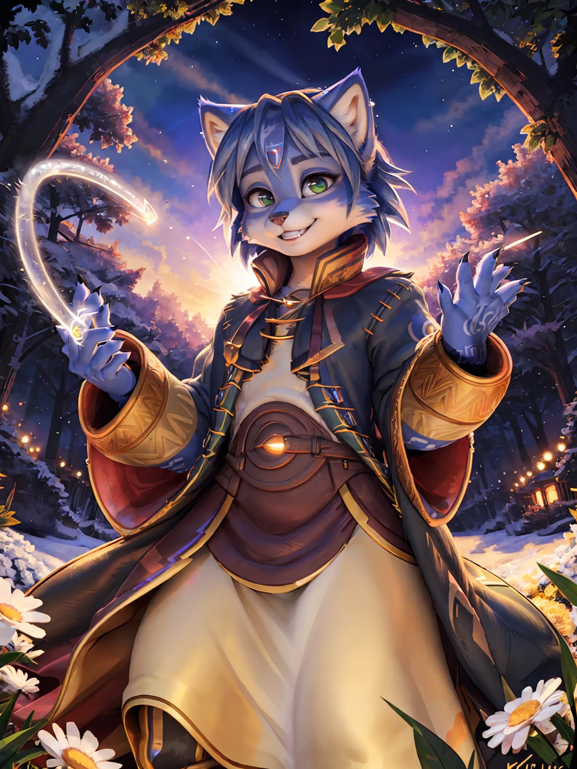 A beautiful and detailed (sweet picture) wa ((krystal)), Star Fox Krystal, sslim, lovable, green eyes, medium breasts, (((Long blue hair 1.3))),  ((black hair tips)), Decollete, grin, look up,, anthro, furry, Uploaded E621, detailed fluffy fur, (wa Fluff-Kevlar, Bayard Wu, personalize me, Pino Daeni), detailed face, (fluffy), 1 girl, alone, sweet girl, alone, mage, gown, Hose, gloves, 