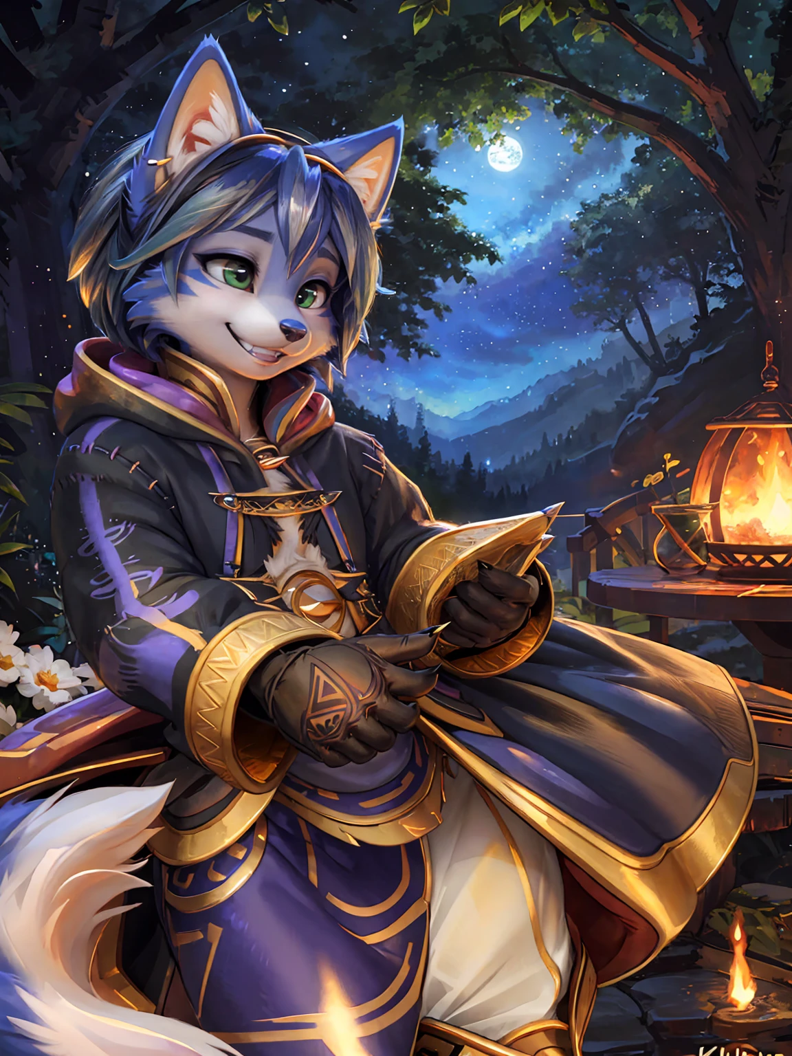 A beautiful and detailed (sweet picture) wa ((krystal)), Star Fox Krystal, sslim, lovable, green eyes, medium breasts, (((Long blue hair 1.3))),  ((black hair tips)), Decollete, grin, look up,, anthro, furry, Uploaded E621, detailed fluffy fur, (wa Fluff-Kevlar, Bayard Wu, personalize me, Pino Daeni), detailed face, (fluffy), 1 girl, alone, sweet girl, alone, mage, gown, Hose, gloves, 