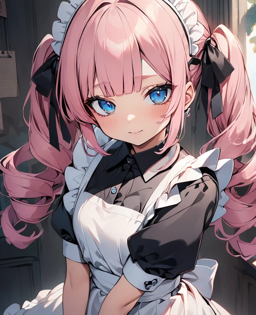 pink hair, blue eyes, blunt bangs, twin drills, maid