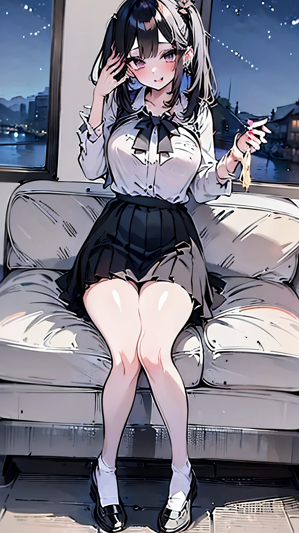 8k 、Film version、Movie anime style、Highest quality, masterpiece, Ultra-high resolution, Rouge (Compensate), Fuller lips, Lips parted, Sexy glossy lipstick, beautiful feet, Tall Woman, skinny, slim_feet, model, masterpiece,Surreal,Huge breasts, Deep valley、Short skirt,Earrings,smile,A neat and clean woman,(Black Hair, uniform、Jirai girl、night:1.8), nightlife、paid dating、lure、Sexual mischief