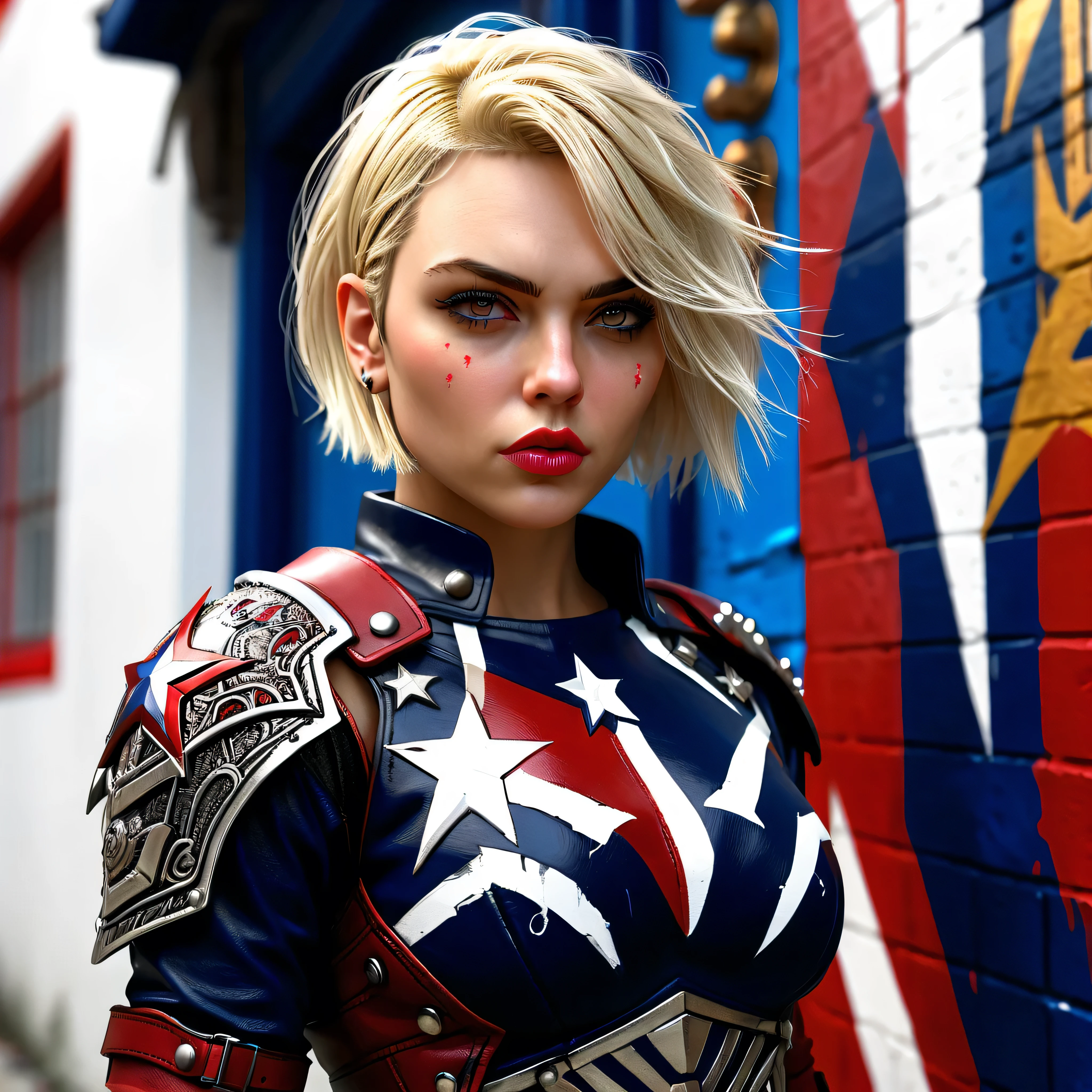 star Police cap wearing a black lace dress and an open red leather jacket, long dark hair, beautiful detailed eyes, beautiful detailed lips, extremely detailed eyes and face, longeyelashes, scarlet witch from avengers, loraelizabeth CG Ultrarealistic ,((premium、32K、masterpiece、NffSW:1.3)), (superfine illustration)、(super high resolution), (((adult body))), (((1 girl in))), ((( short hair bob ))), 25 year old cyberpunk gladiator with perfect body, Shoulder pads with metal spikes., Gladiadores in Brooklyn, (( short hair bob )), Torn rugby team t-shirt, Almost naked in the wild urban style of Simon Bisley, short blonde hair, minimal clothing, Metallic protection on the left arm with complex graphics....., Dark red with white stars and blue and white stripes., armor, Full of spikes and rivets., poison tattoo (((Image from the knee up))), short white blonde hair, In the background、 There is a wall with an intricate design painted by Shepard Fairey....., , model photoshoot, RAW photography,ultra-detailed, realistic:1.37, photo-realistic, HDR, studio lighting, ultra-fine painting, sharp focus, physically-based rendering, extreme detail description, professional, vivid colors, bokehvaries,multi,etc. --v 6 --s 1000 --c 20 --q 5 --chaos 100