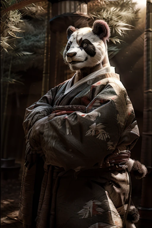 Highest quality, Ultra-high resolution, (Realistic:1.4), RAW Photos, (panda:1.1）, Japanese style, kimono, Rin々Shii, Samurai, bamboo forest, Feel the wind, front, Standing posture