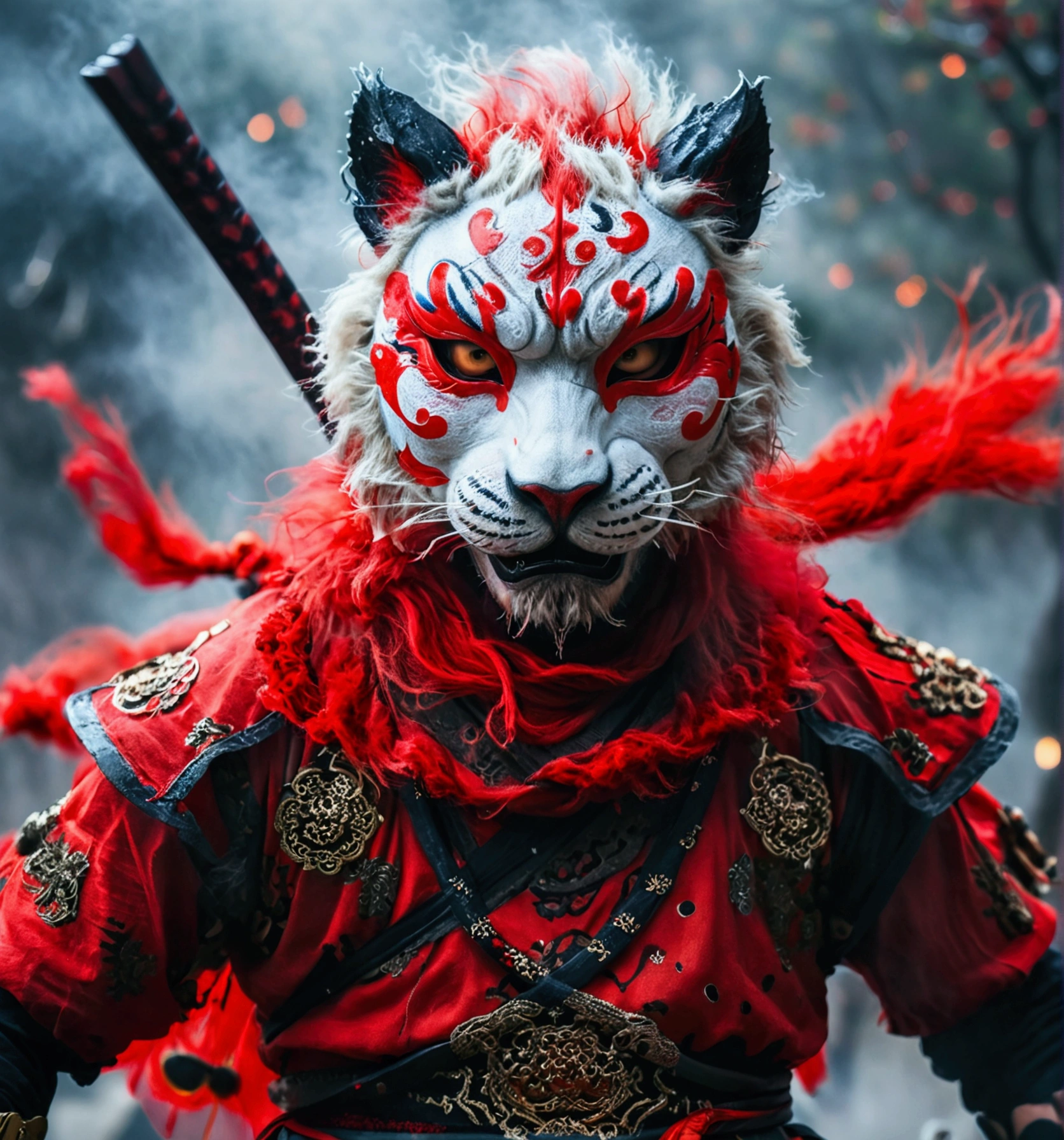 A ninja wearing a Korean lion mask is dancing in red, looking menacing, with fog in the background