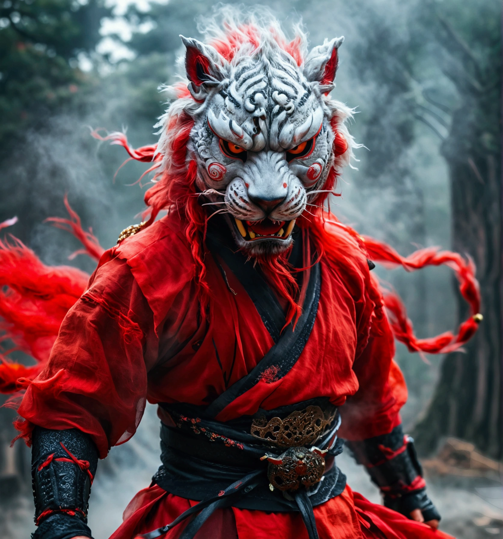 A ninja wearing a Korean lion mask is dancing in red, looking menacing, with fog in the background